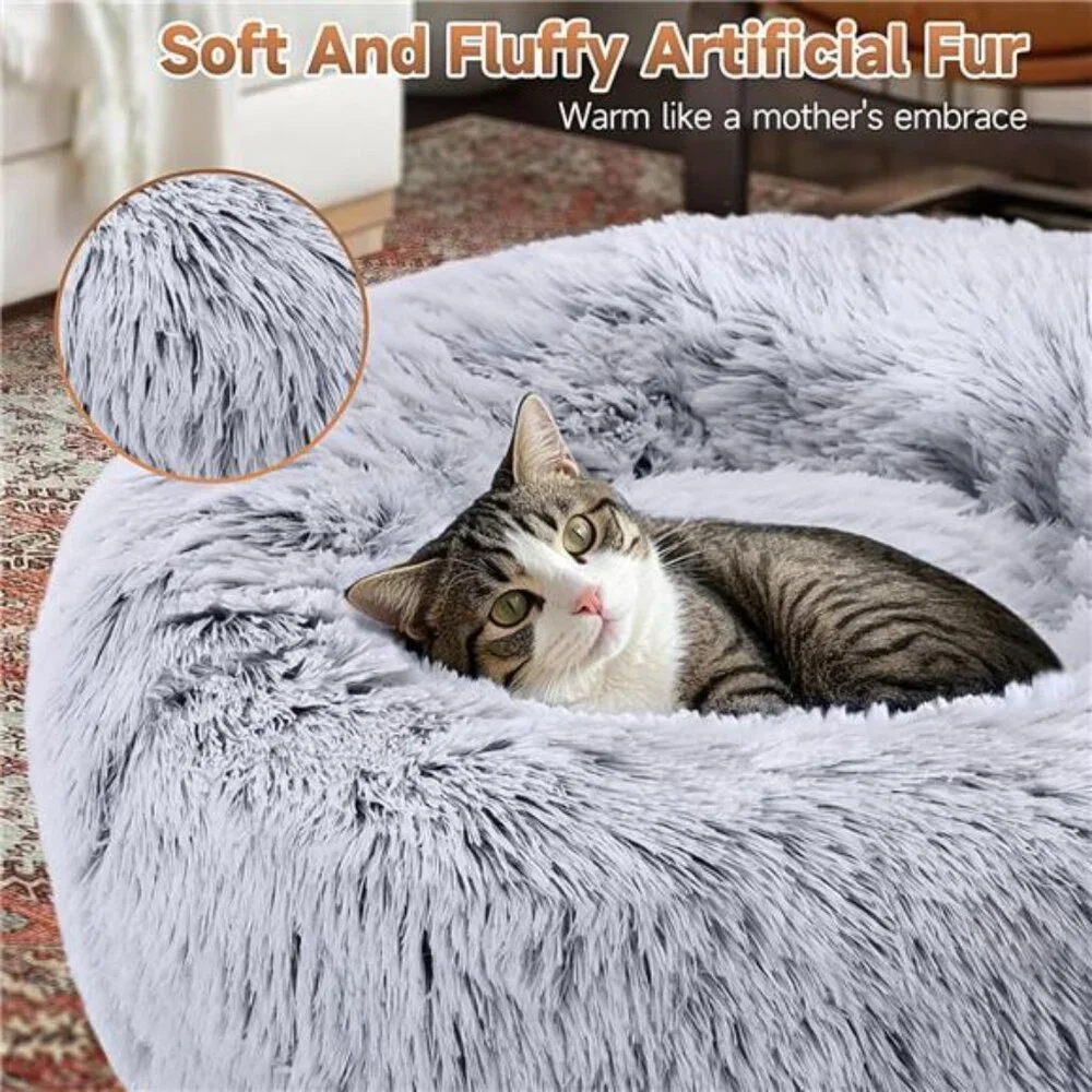 Dog Cat Bed 2 Pack Medium Donut Calming Round Fluffy Washable Pet Bed Grey White